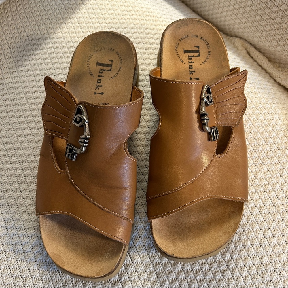 THINK! Mizzi Face Slide Tan Leather Cork Footbed Ortho Sandals 37